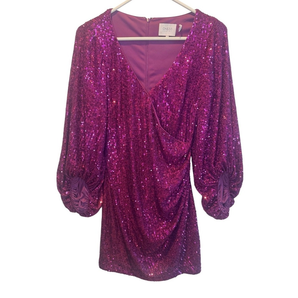 ONE33 SOCIAL Womens Pink Sequin Long Puff Sleeve Faux Wrap Mini Dress Party 2